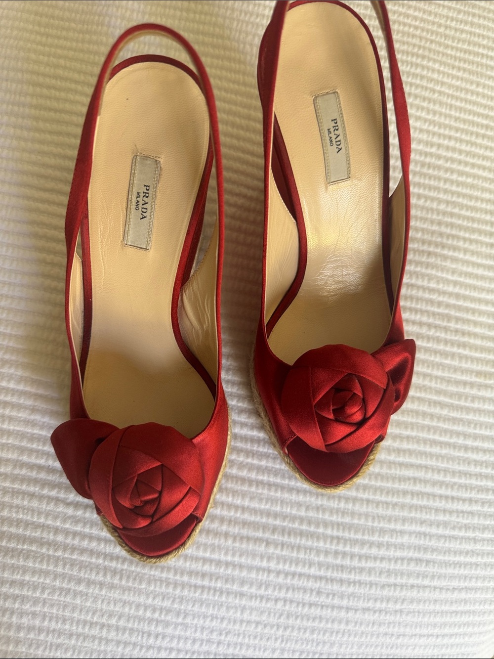 Prada Red Satin Slingback Wedge with Rosette Accent